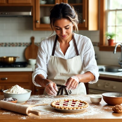 Woman baking cherry pie in kitchen