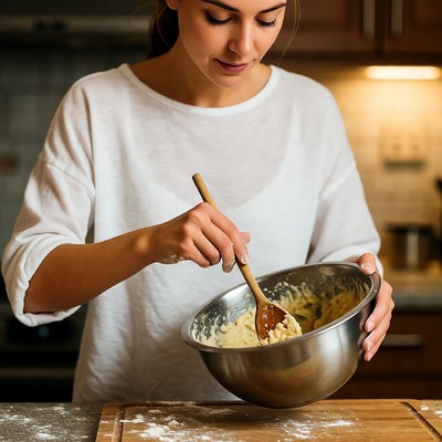 Woman stirring batter in kitchen