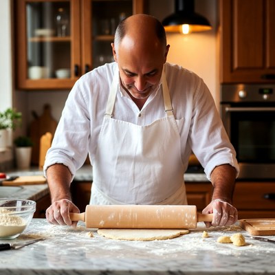 Man rolling dough in kitchen