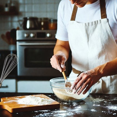 Man whisking flour in kitchen