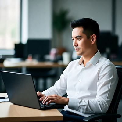 Asian man working on laptop in office