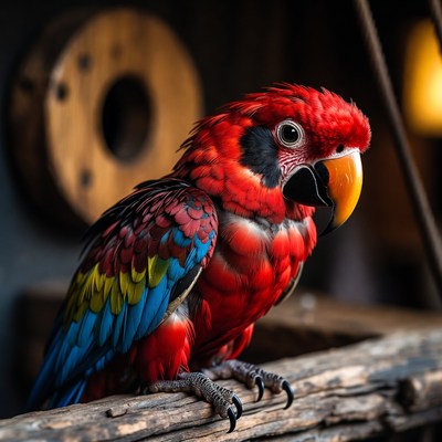 Red Macaw Perched on Wooden Branch