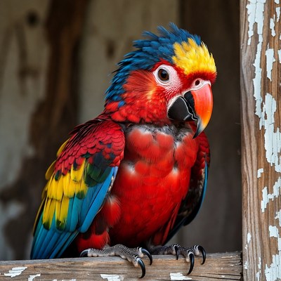 Colorful Scarlet Macaw Perched on Fence