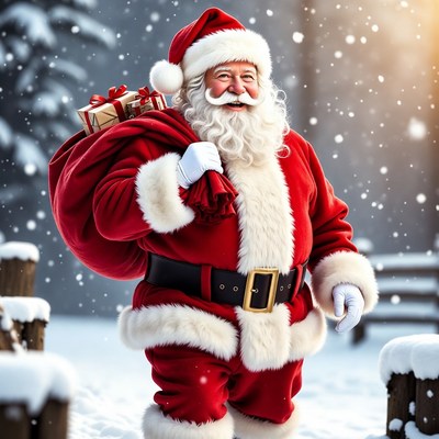 Santa Claus carrying sack in snow