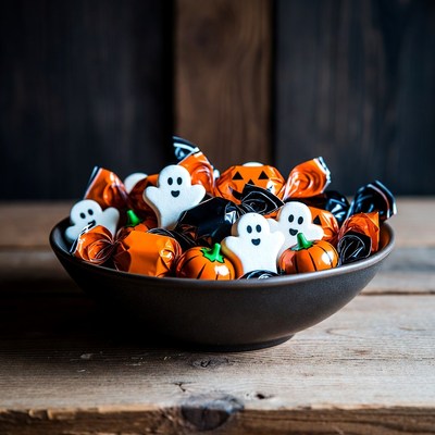 Halloween Candy Ghosts Pumpkins in Bowl