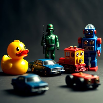 Assortment of colorful toy soldiers cars robots