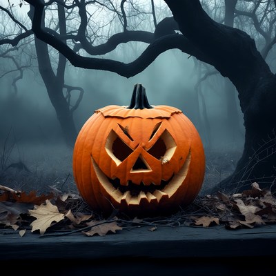 Jack-o'-lantern in foggy forest