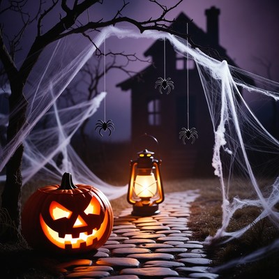Halloween Pumpkin Lantern Cobblestone Path
