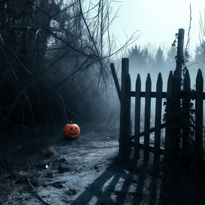 Jack-o'-lantern at haunted gate