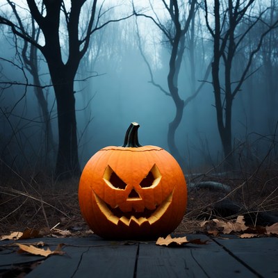 Jack-o'-lantern in foggy Halloween forest