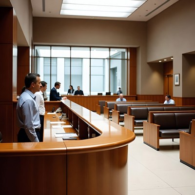 Busy courtroom with lawyers at bench