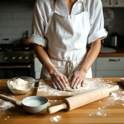Woman kneading dough in kitchen