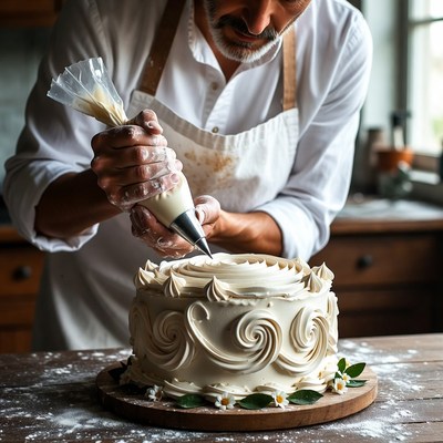 Man piping frosting on cake