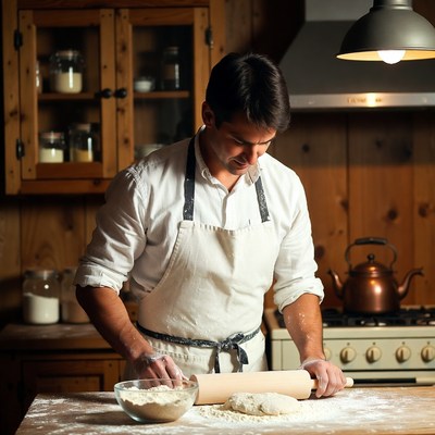 Man rolling dough in kitchen