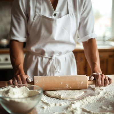 Woman rolling dough in kitchen