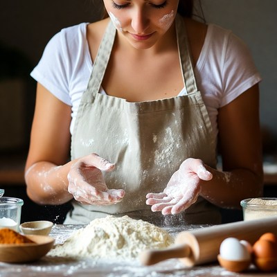Woman baking with flour-covered hands