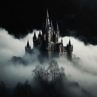 Gothic Castle in Foggy Clouds