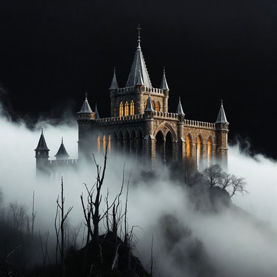 Gothic Castle in Foggy Night