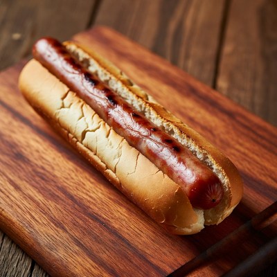 Grilled Hot Dog on Wooden Board