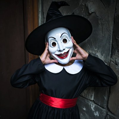 Girl in witch mask making funny face