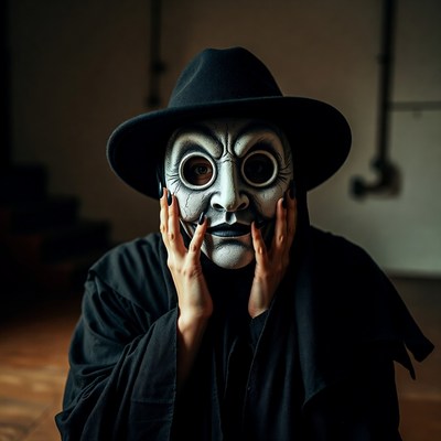 Person in white ghost mask with hands on face