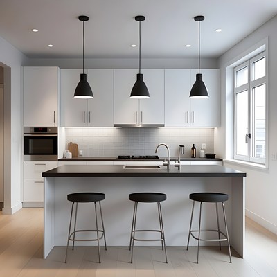 Modern White Kitchen with Black Island