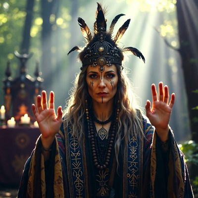 Shaman woman casting spell in forest