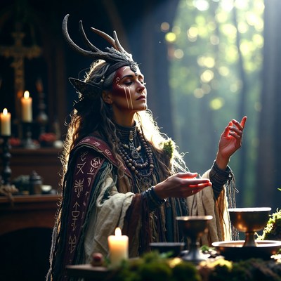 Elven Woman Performing Ritual with Antlers