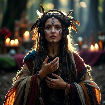 Mystical woman with feathers in forest