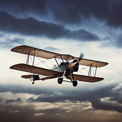 Vintage Biplane Flying in Stormy Clouds
