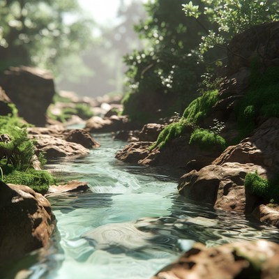 Forest Stream with Mossy Rocks
