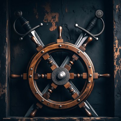 Crossed Swords Behind Ship Wheel