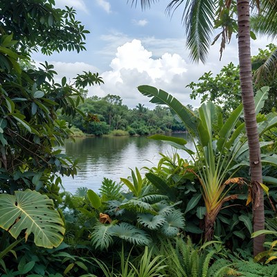 Tropical Lake Framed by Palm Trees