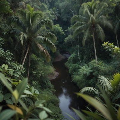 Tropical River in Dense Palm Forest
