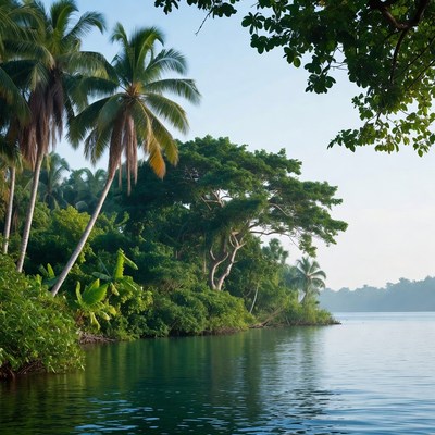 Tropical Palm Trees by Lake