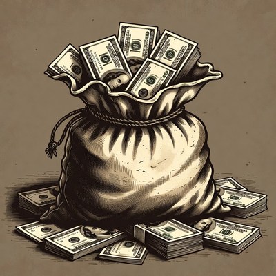 Bag of money overflowing with cash