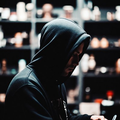 Hooded man using phone in dark room