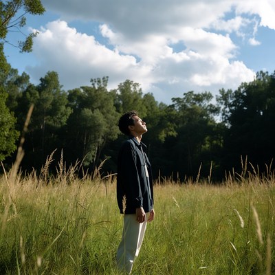 Asian man standing in tall grass field