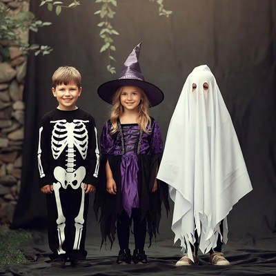 Three kids in Halloween costumes