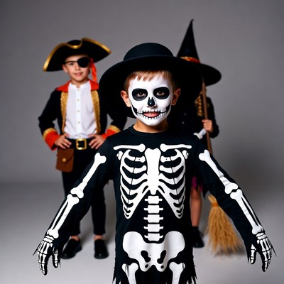 Boy in skeleton costume with pirate and witch