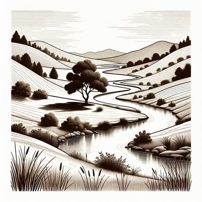 Winding River in Hilly Landscape