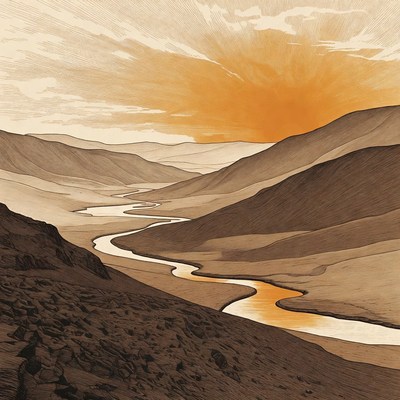 Sunset over mountain river valley