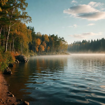 Autumn Forest Lake with Fog