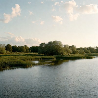 Scenic lake with reeds and trees