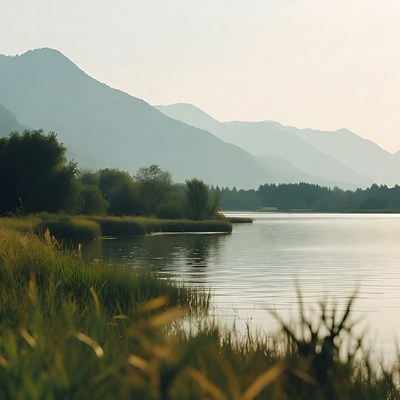 Mountain Lake with Reeds and Fog