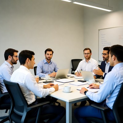 Men in business meeting around table