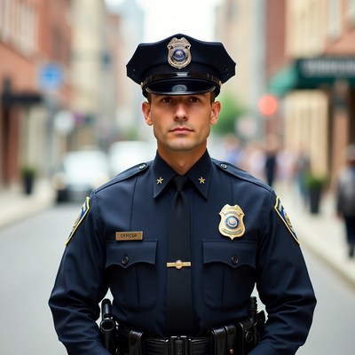 Police Officer Standing on Urban Street