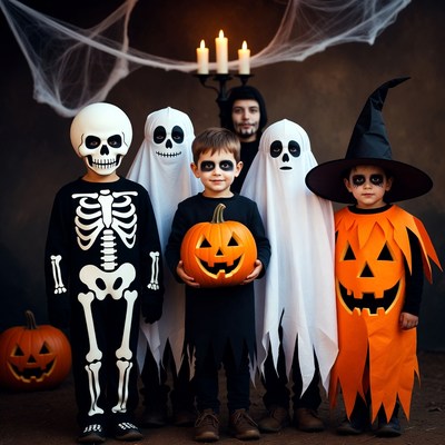 Kids in Halloween Costumes with Pumpkin