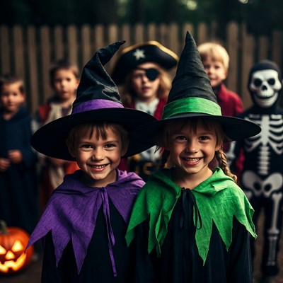 Girls in Witch Costumes with Friends