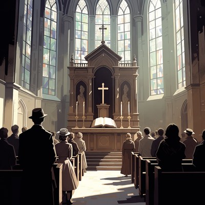 Vintage congregation in church pews